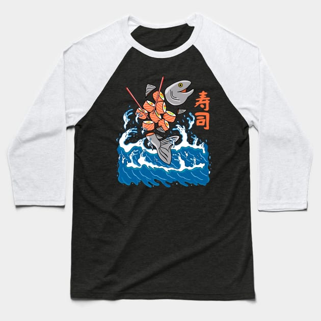 Salmon Sushi in the Wave Baseball T-Shirt by Kimprut